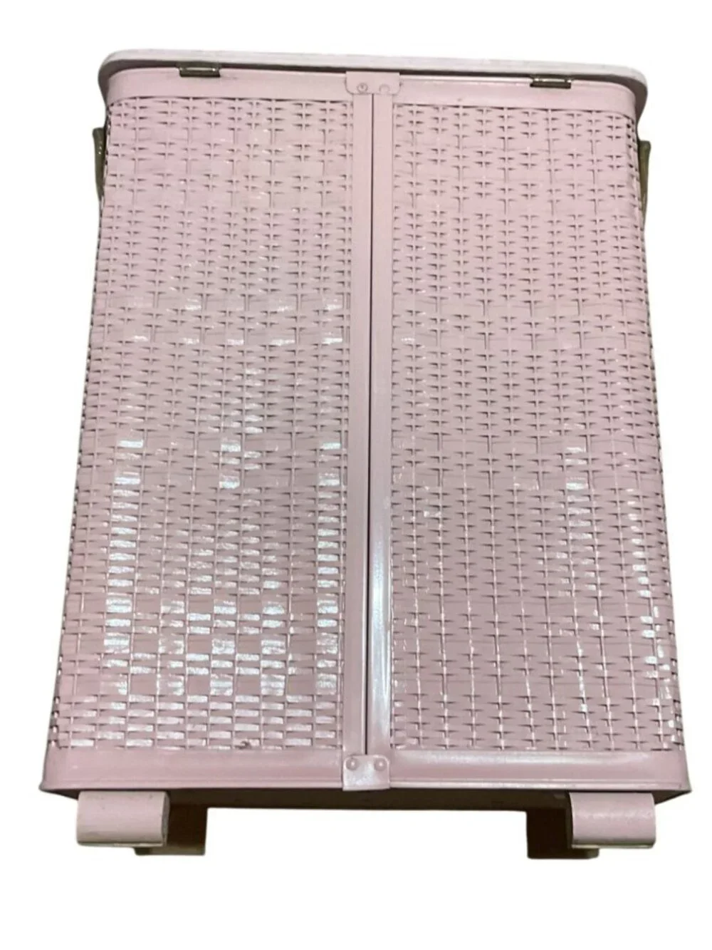 Vintage 1970s Pink Wicker Laundry Hamper Lucite Handles Plastic Covered Lid
